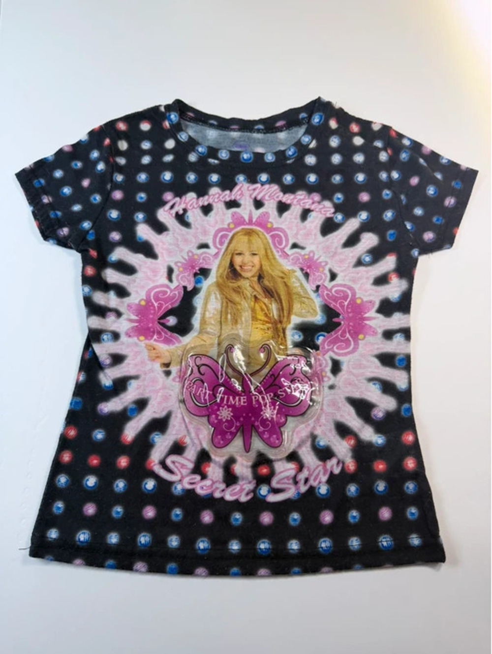 Vintage Y2K Hannah Montana Girls Tag XS Fits 4T Black Polka Dot Graphic T-Shirt
